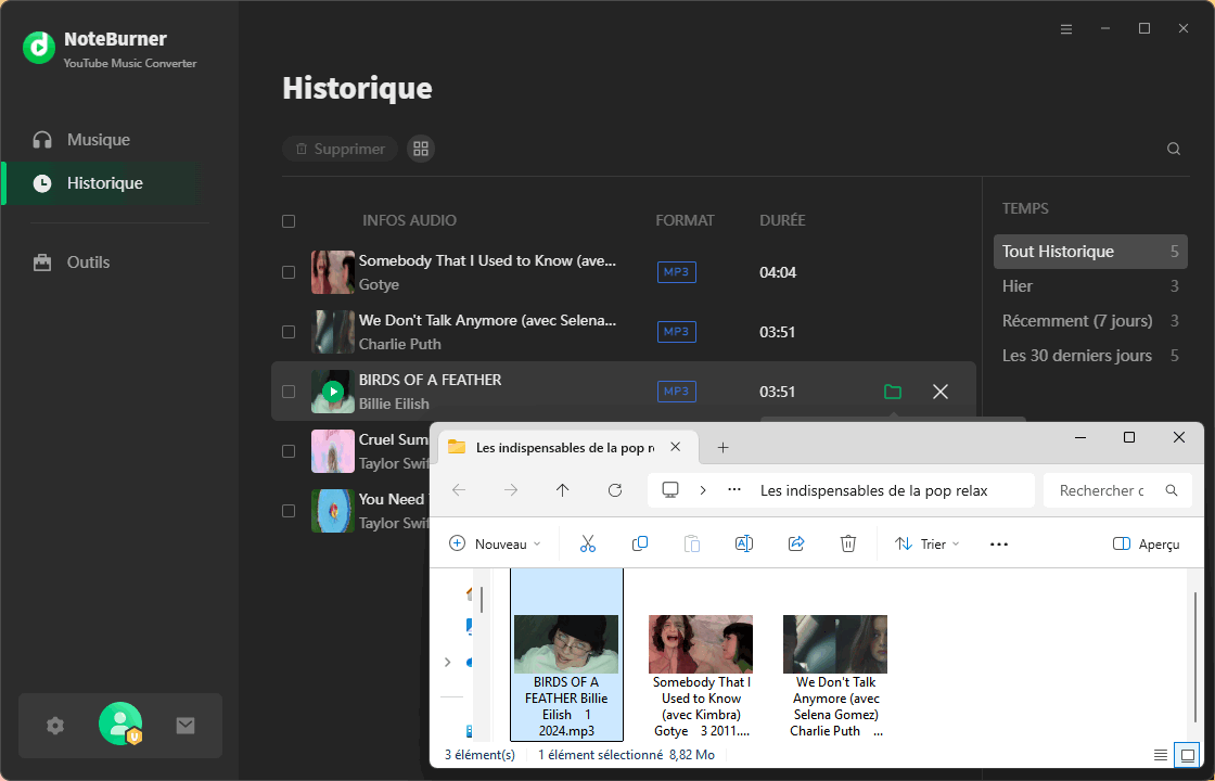 Affichez les chansons YouTube converties